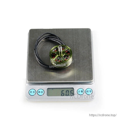 Flashhobby Mars 2808 1100KV BLDC Motor, Flashhobby Mars 2808 brushless outrunner motor with wires on a digital scale reading 60.8 g