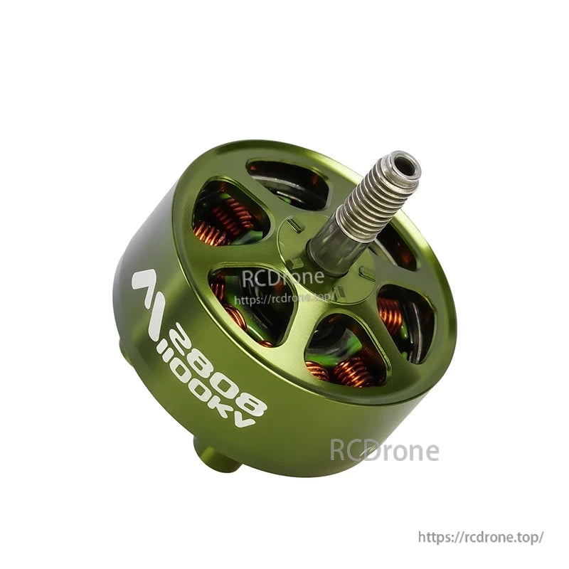 Flashhobby Mars 2808 1100KV BLDC Motor, Flashhobby Mars 2808 1100KV brushless motor with green housing, copper windings, and threaded 5mm shaft