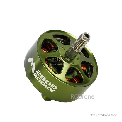Flashhobby Mars 2808 1100KV BLDC Motor, Flashhobby Mars 2808 1100KV brushless motor with green housing, copper windings, and threaded 5mm shaft