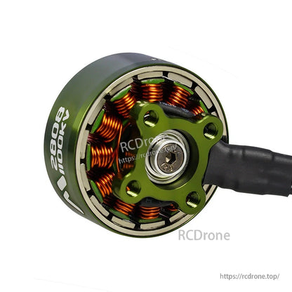 Flashhobby Mars 2808 1100KV BLDC Motor, Flashhobby Mars 2808 1100KV brushless motor with green bell, exposed copper windings, and mounting base