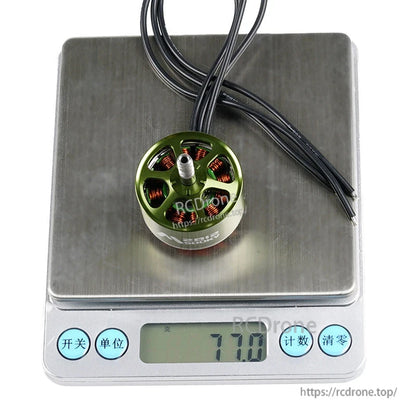 Flashhobby Mars 2812 900KV BLDC Motor, Flashhobby Mars 2812 brushless outrunner motor with green bell and leads, weighed at 77.0 g on a digital scale