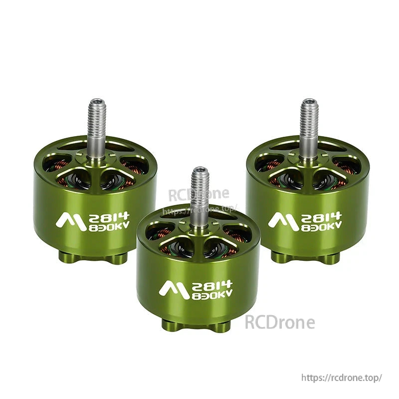 Flashhobby Mars 2814 BLDC Motor, Three green Flashhobby Mars 2814 830KV brushless motors with open top housing and threaded shafts