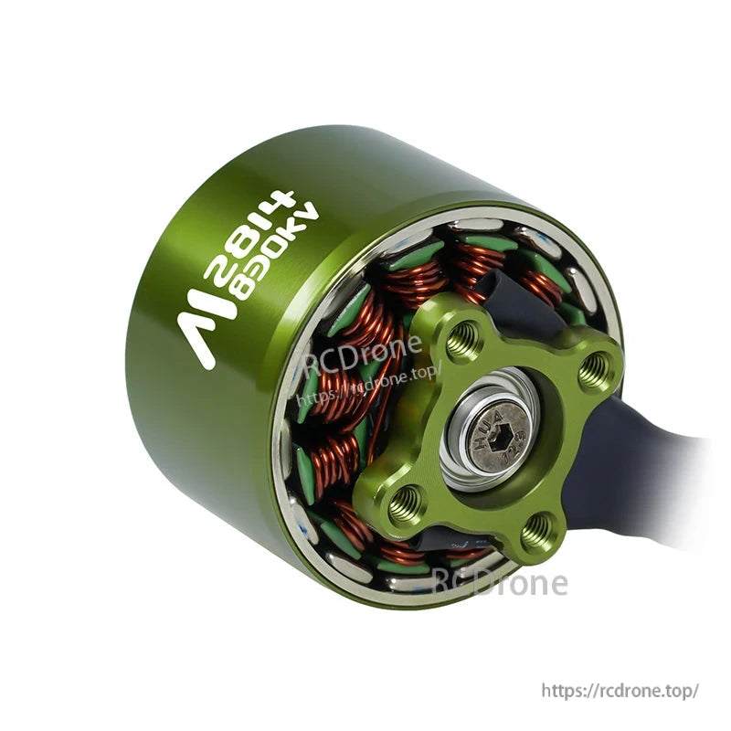Flashhobby Mars 2814 BLDC Motor, Flashhobby Mars 2814 830KV brushless motor with green housing, exposed copper windings, and four-hole mount