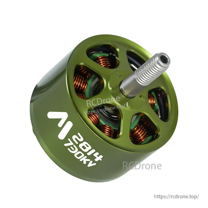 Flashhobby Mars 2814 BLDC Motor, Flashhobby Mars M2814 730KV brushless outrunner motor with green vented bell, copper windings, and threaded shaft