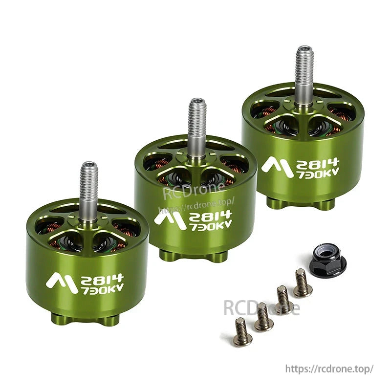 Flashhobby Mars 2814 BLDC Motor, Flashhobby Mars 2814 730KV brushless motor set with green can, threaded shaft, screws and lock nut