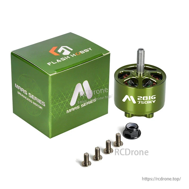 Flashhobby Mars 2816 BLDC Motor, Flashhobby Mars 2816 750KV brushless motor in green with mounting screws, nut, and Mars Series box