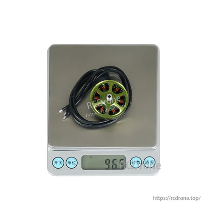 Flashhobby Mars 2816 BLDC Motor, Flashhobby Mars 2816 BLDC outrunner motor with attached wires on a digital scale reading about 96.6 g