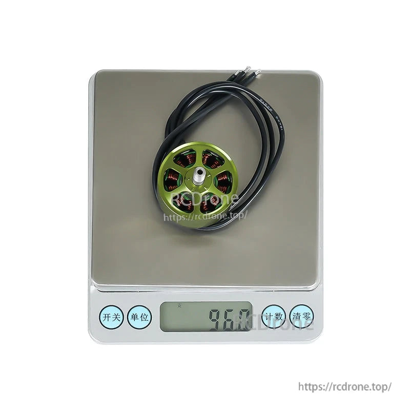 Flashhobby Mars 2816 BLDC Motor, Flashhobby Mars 2816 brushless motor with green bell and long leads on a digital scale reading 96.0 g