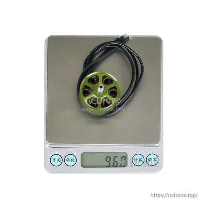 Flashhobby Mars 2816 BLDC Motor, Flashhobby Mars 2816 brushless motor with green bell and long leads on a digital scale reading 96.0 g
