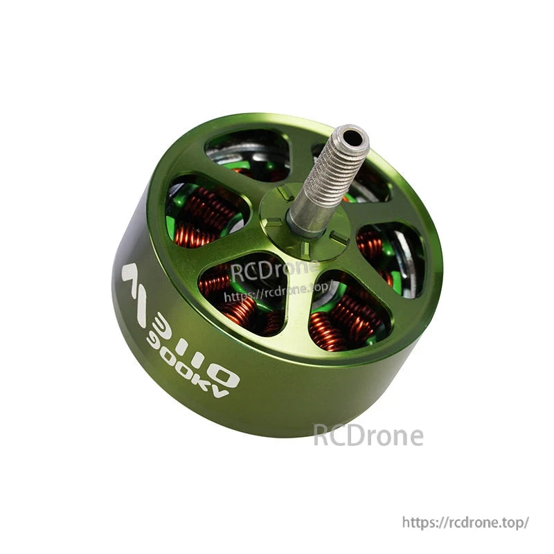 Flashhobby Mars 3110 900KV BLDC Motor, Flashhobby Mars 3110 900KV brushless outrunner motor with green housing, copper windings, and threaded shaft