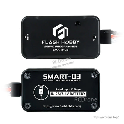 Flashhobby Smart-03 servo programmer module with USB port, servo lead connector, and 2S 7.4V input label