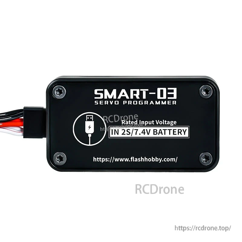 Flashhobby SMART-03 servo programmer module with cable lead, labeled rated input voltage IN 2S/7.4V battery