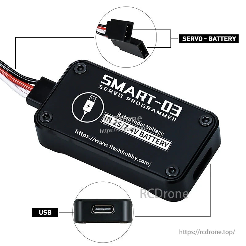 Flashhobby SMART-03 servo programmer with USB-C port and servo/battery lead, rated input 2S 7.4V