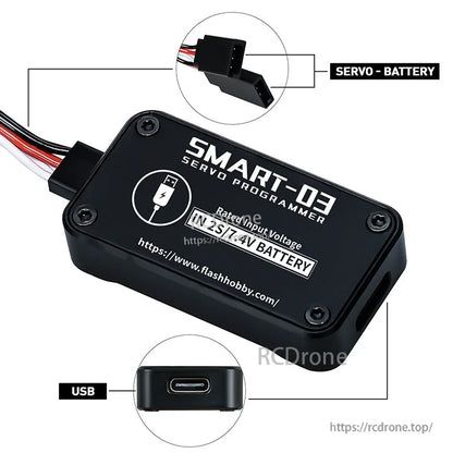 Flashhobby SMART-03 servo programmer with USB-C port and servo/battery lead, rated input 2S 7.4V