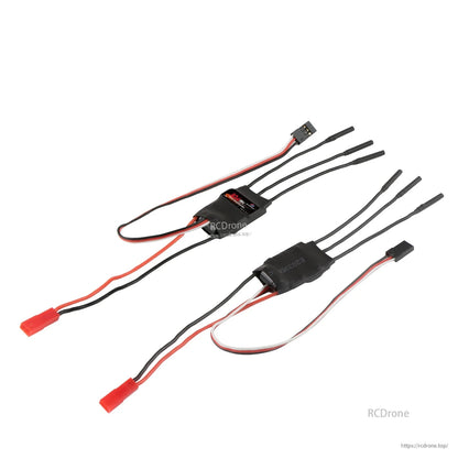 Flashhobby Spaceman 10A ESC, Two Flashhobby Spaceman 10A brushless ESCs with shrink wrap, battery lead connectors, and three motor wires