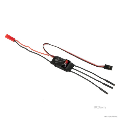 Flashhobby Spaceman 10A ESC, Flashhobby Spaceman 10A brushless ESC with heat-shrink casing, battery connector lead, and three motor wires