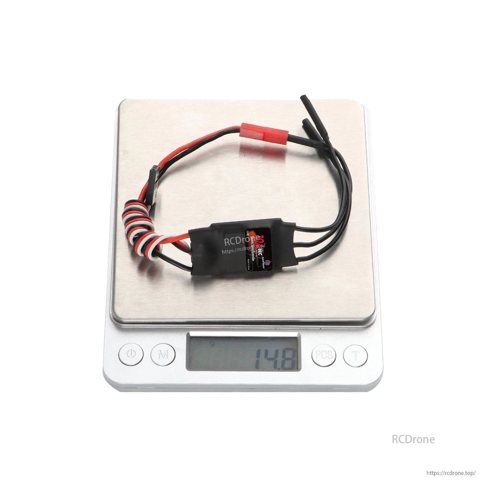 Flashhobby Spaceman 10A ESC, Flashhobby Spaceman 10A brushless ESC with shrink-wrapped body and wired JST-style plug on a scale reading 14.8g