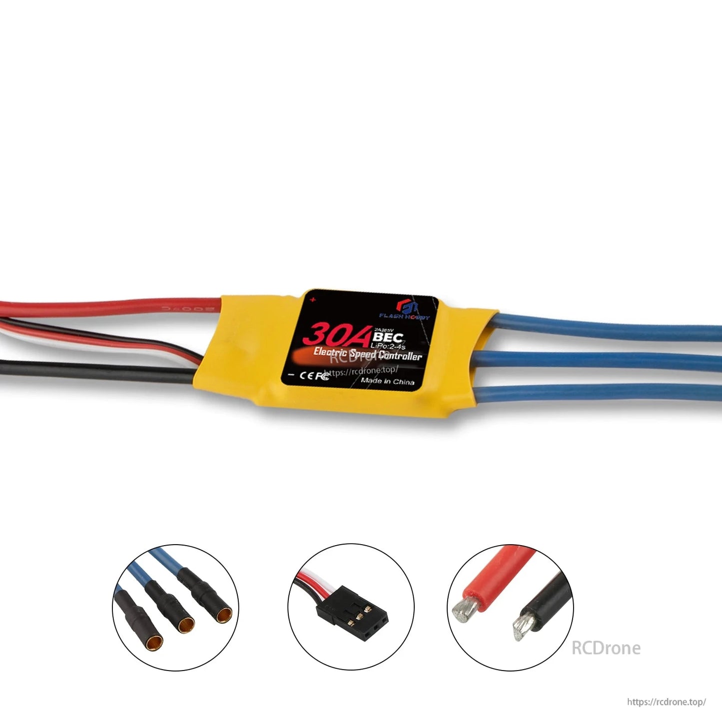 Flashhobby Spaceman 30A ESC, Flashhobby 30A brushless ESC with BEC for 2-4S LiPo, yellow heatshrink, servo lead and motor bullet connectors
