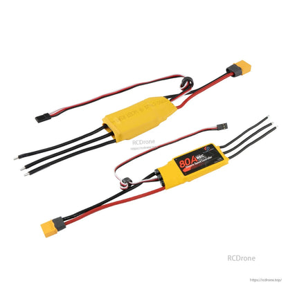 Flashhobby Spaceman 80A ESC, Flashhobby Spaceman 80A brushless ESC with yellow heatshrink, XT60 battery plug, servo lead, and three motor wires
