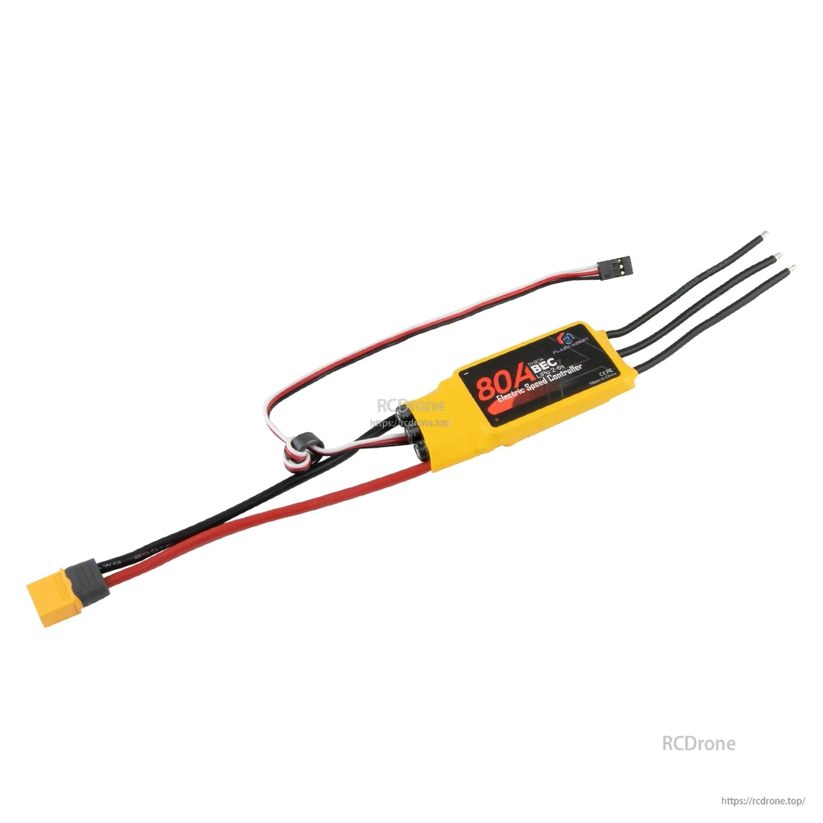 Flashhobby Spaceman 80A ESC with yellow heat-shrink case, XT60 battery connector, and three motor wires