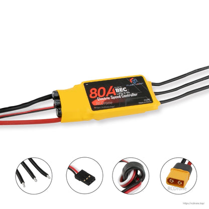 Flashhobby Spaceman 80A ESC, Flashhobby 80A brushless ESC with yellow heat shrink, 2–6S LiPo label, BEC, receiver lead and XT60 plug