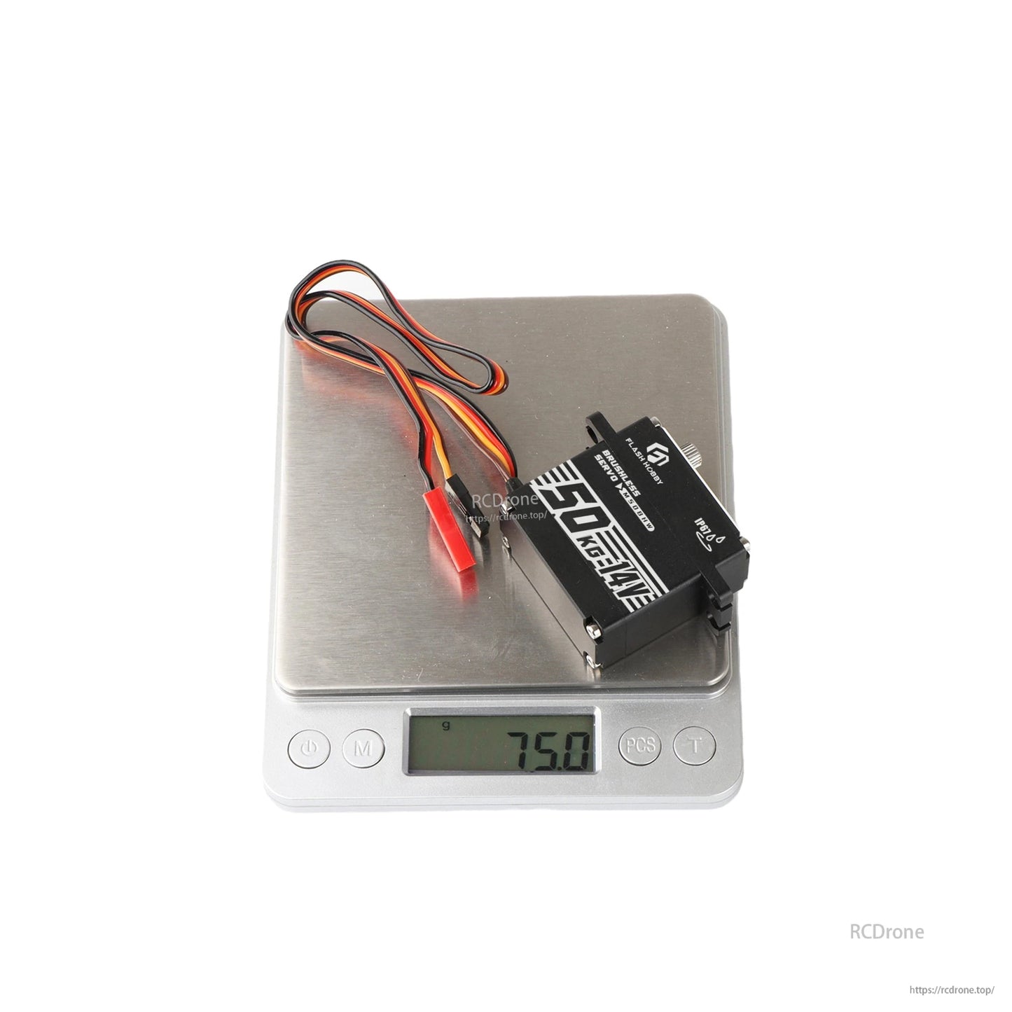 Flashhoby M50BHW brushless servo on a digital scale reading 75.0 g, with 3-wire lead and red connector