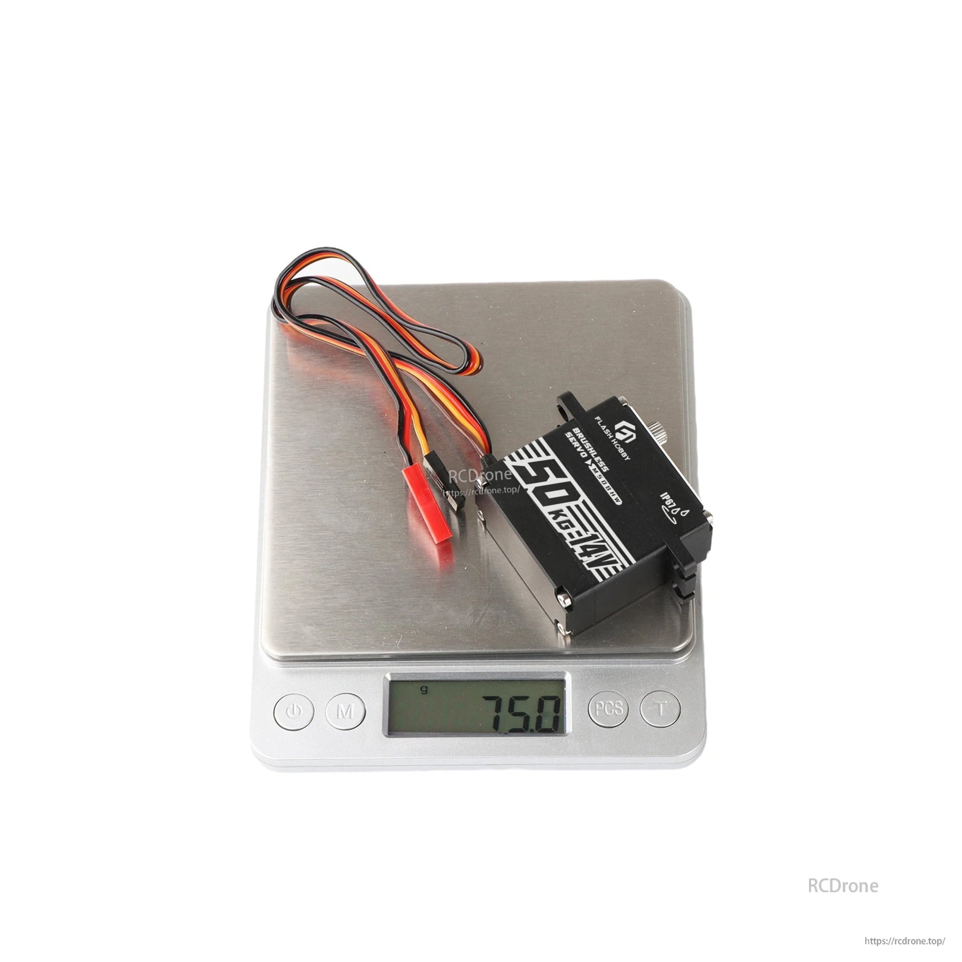 Flashhoby M50BHW brushless servo on a digital scale reading 75.0 g, with 3-wire lead and red connector