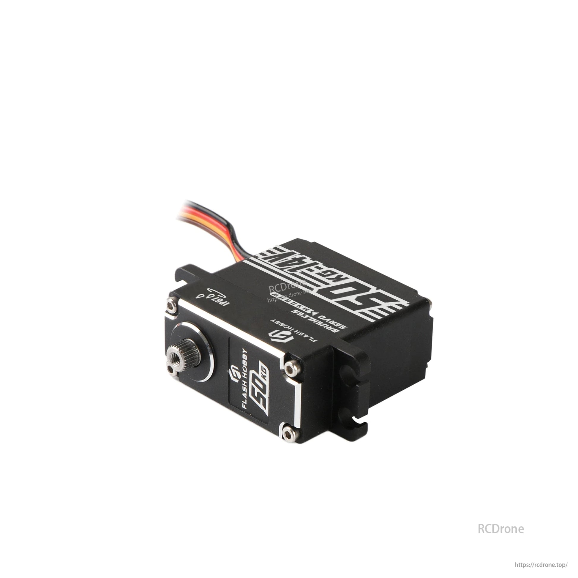 Flashhoby M50BHW Brushless Servo, Flashhobby M50BHW brushless servo motor with black aluminum case, metal output shaft spline, and 3-wire lead