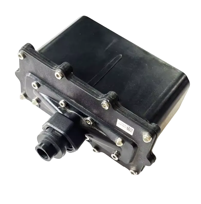 Flow meter module for DJI Agras T20 agriculture drone with black housing, bolted cover, and hose connector port