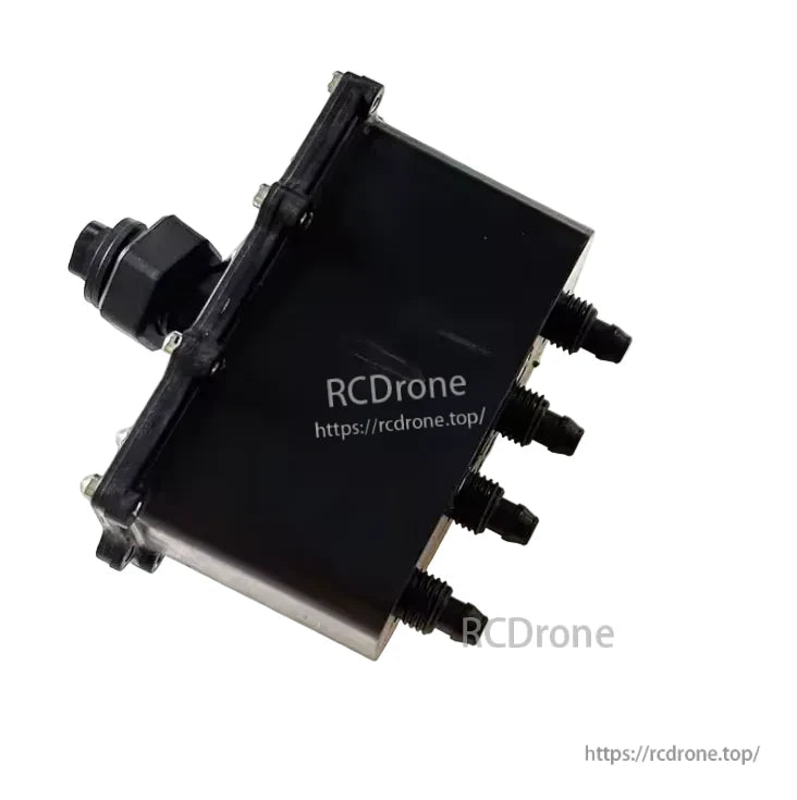 Flow meter module for DJI Agras T20 with black housing, cable gland connection, and four threaded hose fittings