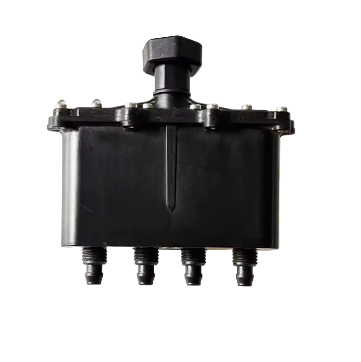 Flow meter module for DJI Agras T20 agriculture drone with black housing, top inlet fitting and four hose ports