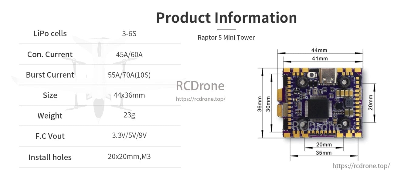 FlyColor Raptor Mini FPV Drone, FlyColor Raptor Mini Tower TR20 F722 supports 3-6S LiPo, delivers 45A/60A continuous and 55A/70A burst current, features 3.3V/5V/9V outputs, weighs 23g, measures 44x36mm, includes M3 mounting holes.