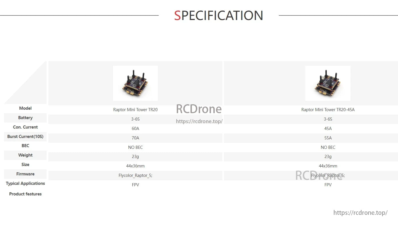FlyColor Raptor Mini FPV Drone, FlyColor Raptor Mini Tower TR20 and TR20-45A FPV drone specs: support 3-6S batteries, 60A/70A and 45A/55A currents, 23g, 44x36mm, Flycolor_Raptor_5 firmware, no BEC. Ideal for high-performance FPV power management.