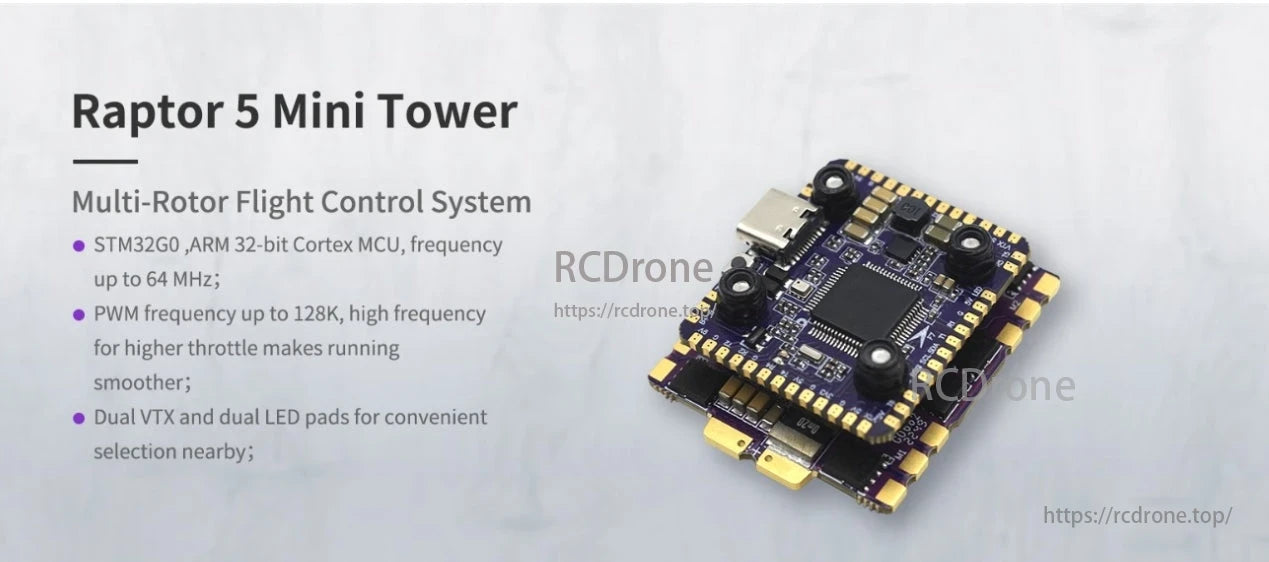 FlyColor Raptor Mini FPV Drone, The Raptor 5 Mini Tower is a multi-rotor flight controller featuring an STM32G0 MCU, 64 MHz frequency, 128K PWM, and dual VTX/LED pads for efficient and smooth operation.