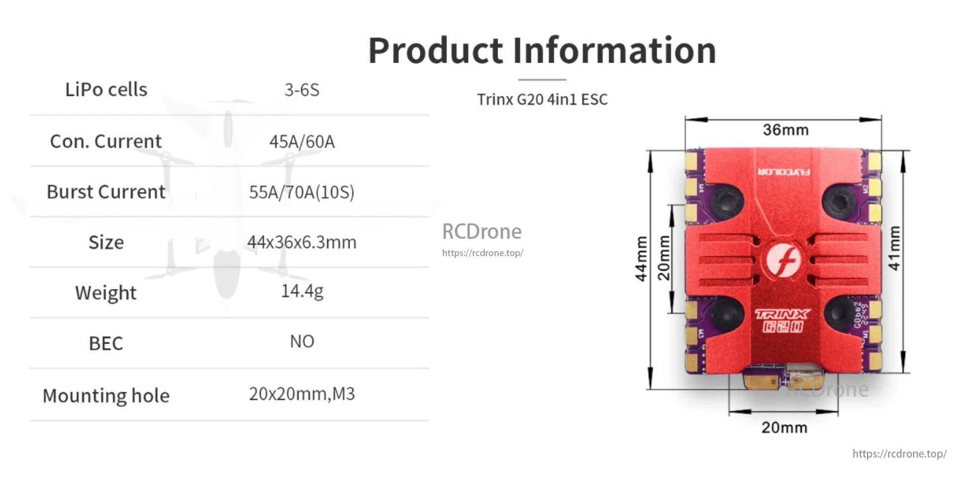 FlyColor Trinx G20 45A 60A 3-6S 4in1 ESC, FlyColor Trinx G20 ESC supports 3-6S LiPo cells with current ratings up to 60A and burst current up to 70A.