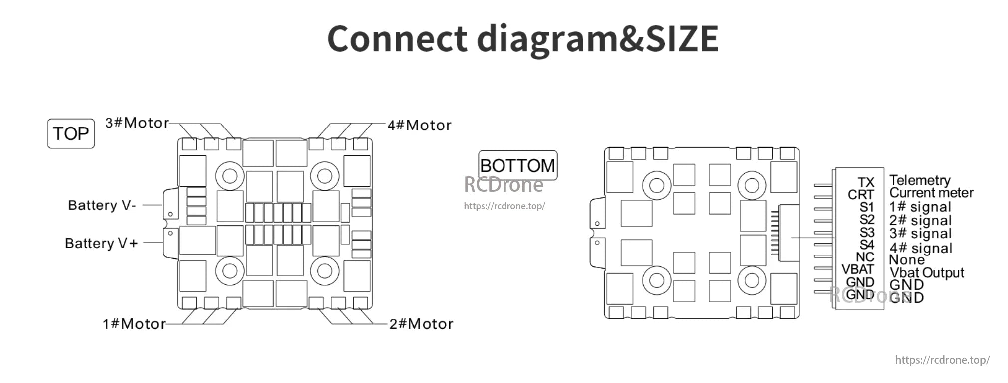 FlyColor Trinx G20 45A 60A 3-6S 4in1 ESC, Diagram and size details for FlyColor Trinx G20 45A/60A 3-6S 4in1 ESC, showing top motor connections and bottom telemetry, current meter, signal outputs, VBAT, and ground pins.