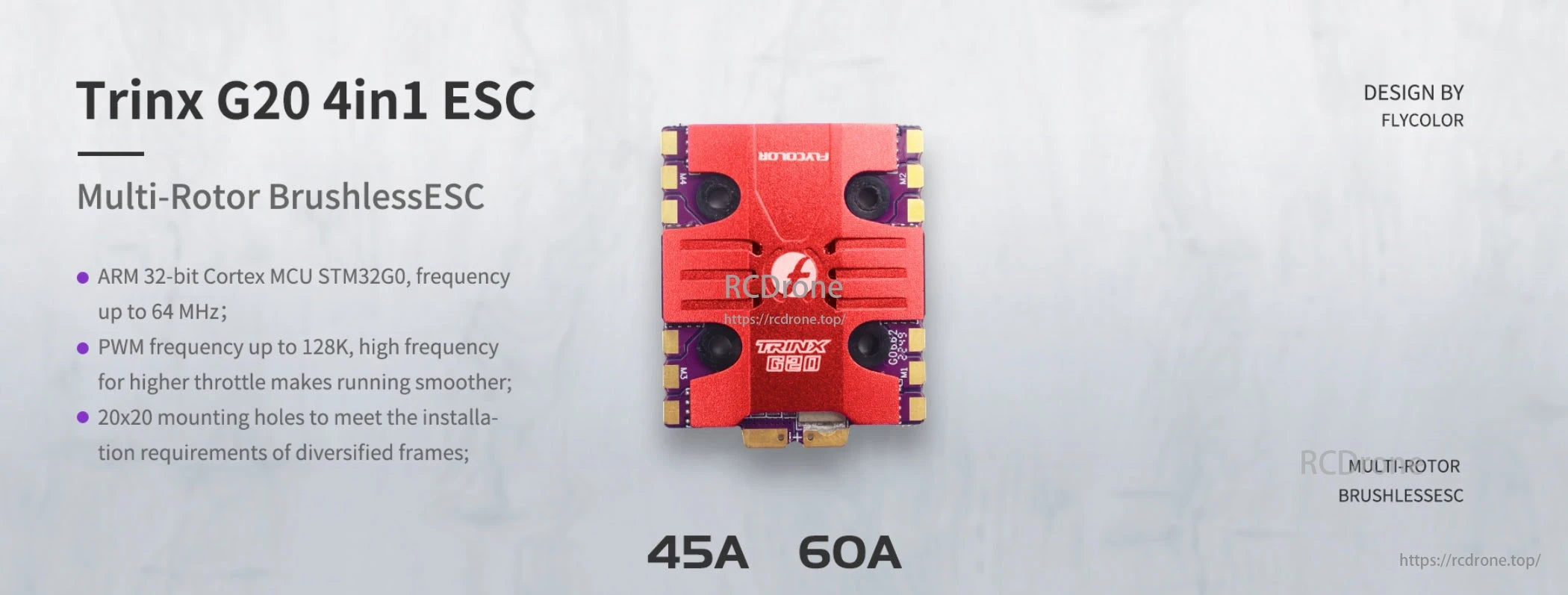 FlyColor Trinx G20 45A 60A 3-6S 4in1 ESC, The FlyColor Trinx G20 4in1 ESC offers efficient, reliable performance for multi-rotor drones with precise motor control, supporting 3-6S batteries in 45A and 60A versions.