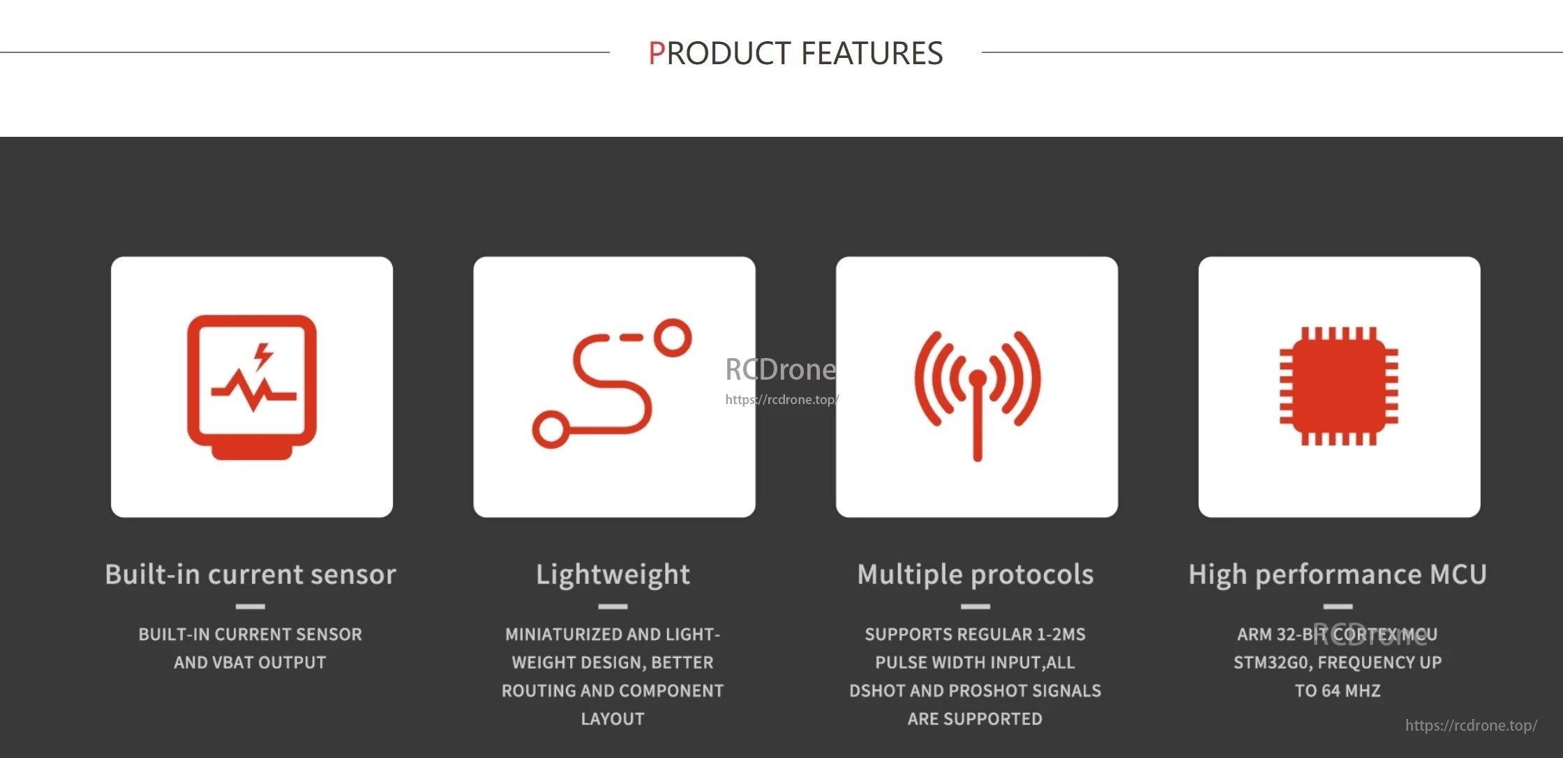 FlyColor Trinx G20 45A 60A 3-6S 4in1 ESC, The FlyColor Trinx G20 ESC features a current sensor, lightweight design, multi-protocol support, and a high-performance 32-bit ARM Cortex MCU running up to 64 MHz.