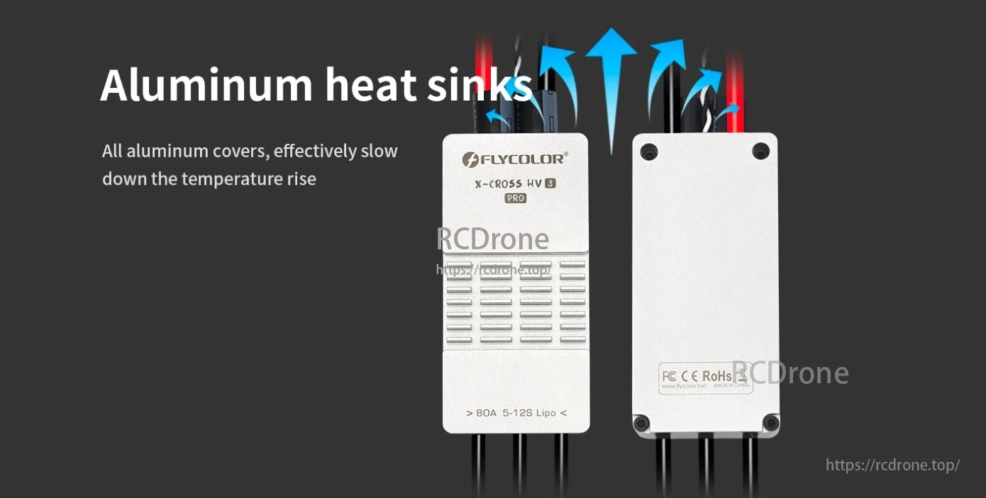 FlyColor X-Cross HV 3 Pro 80A 200A 5-12S ESC, FlyColor X-Cross HV 3 Pro ESC features aluminum heat sinks for efficient cooling.