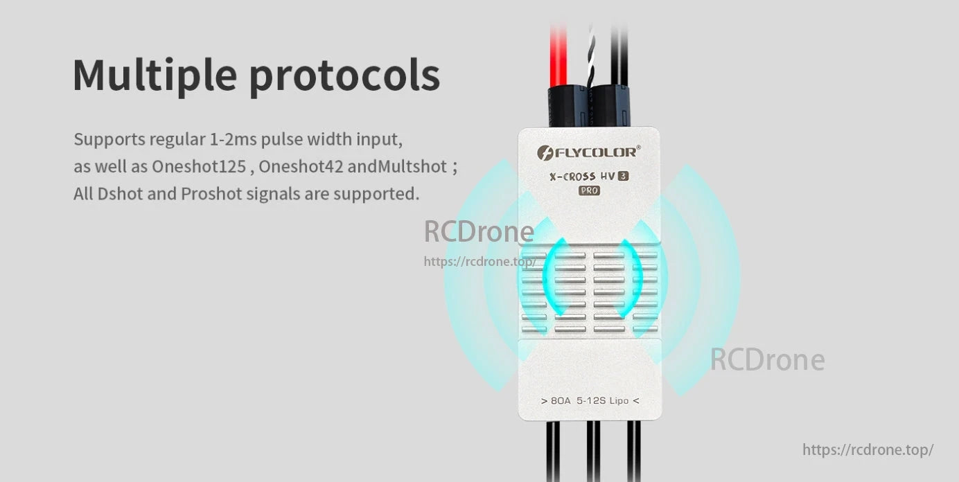 FlyColor X-Cross HV 3 Pro 80A 200A 5-12S ESC, The FlyColor X-Cross HV 3 Pro ESC supports various protocols like 1-2ms pulse width, Oneshot, Multishot, Dshot, and Proshot signals.