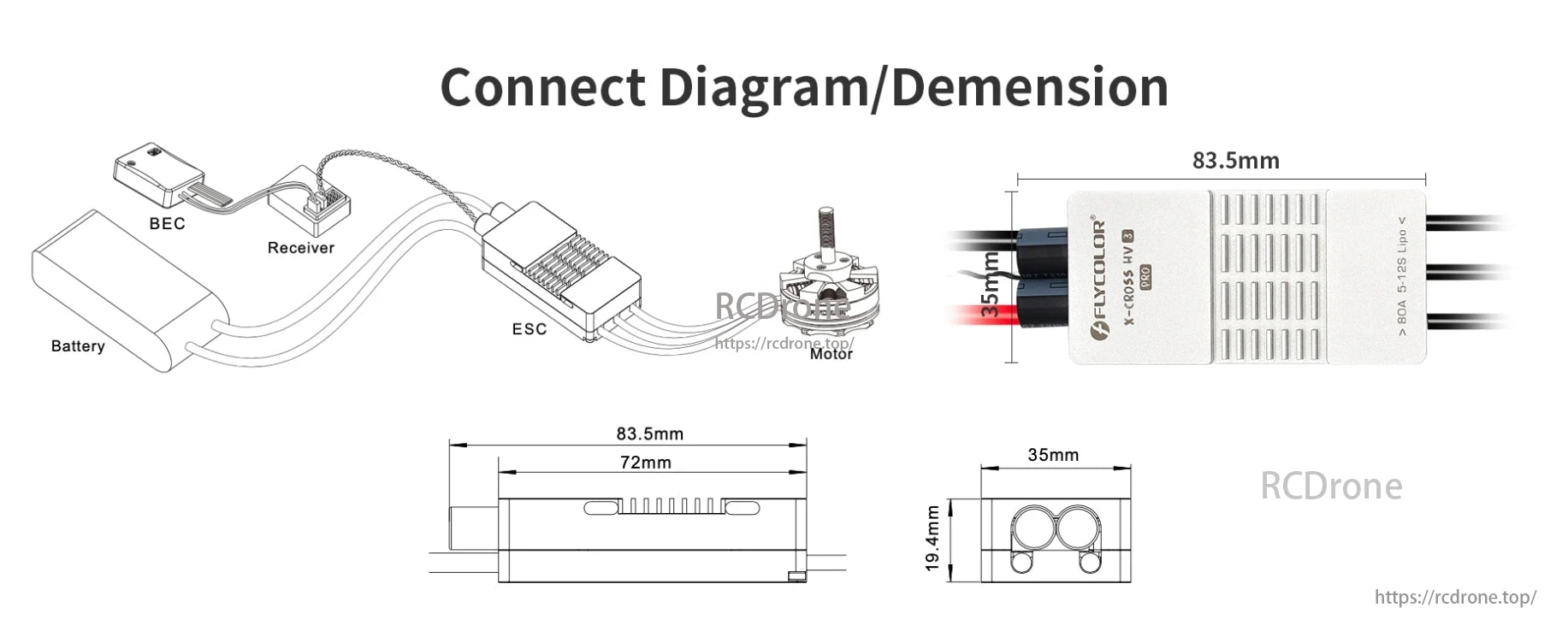 FlyColor X-Cross HV 3 Pro 80A 200A 5-12S ESC, The FlyColor X-Cross HV 3 Pro ESC connects the battery, BEC, receiver, and motor.