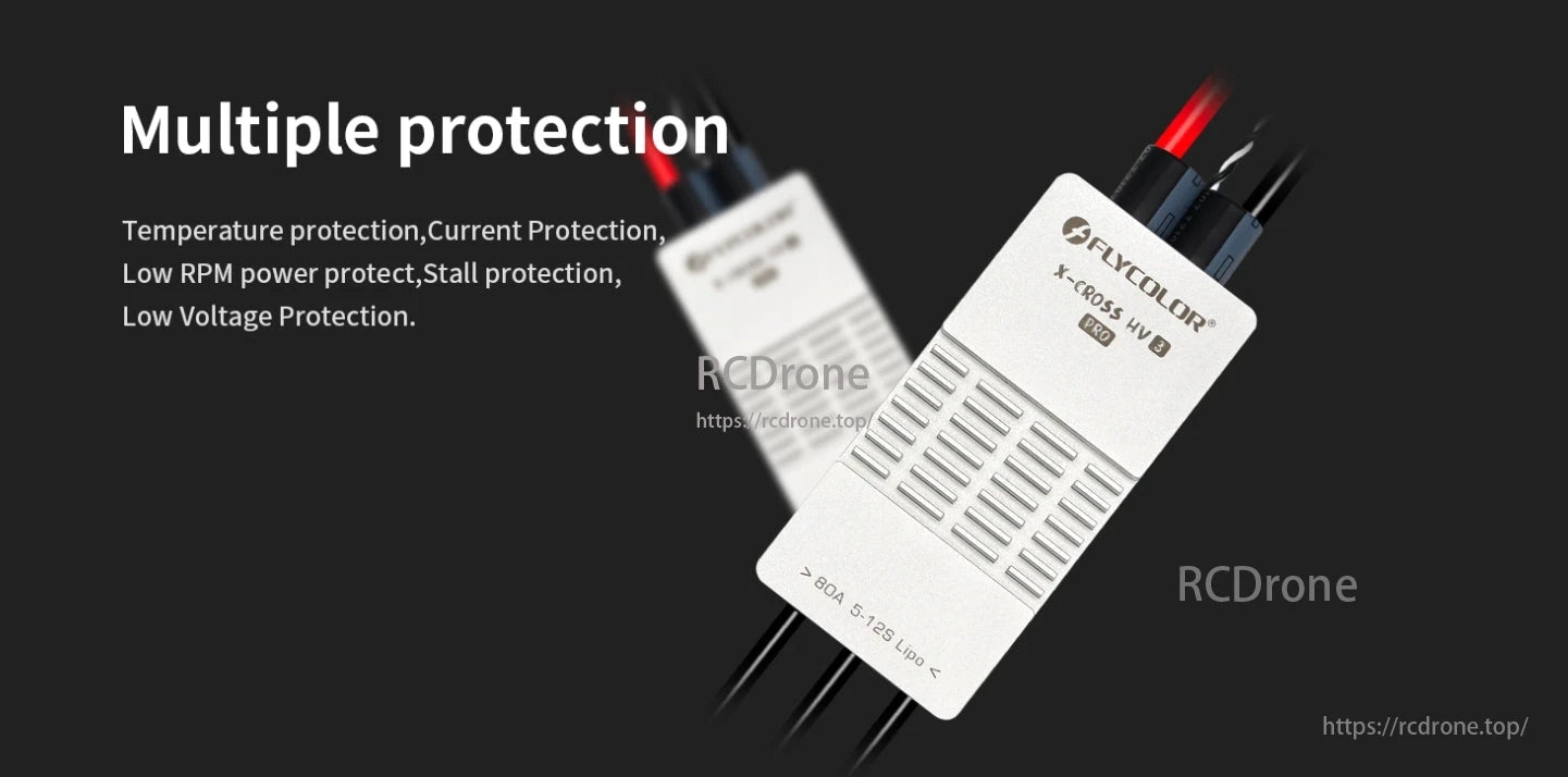 FlyColor X-Cross HV 3 Pro 80A 200A 5-12S ESC, The FlyColor X-Cross HV 3 Pro ESC provides temperature, current, low RPM power, stall, and low voltage protections, supporting 5-12S Lipo batteries.