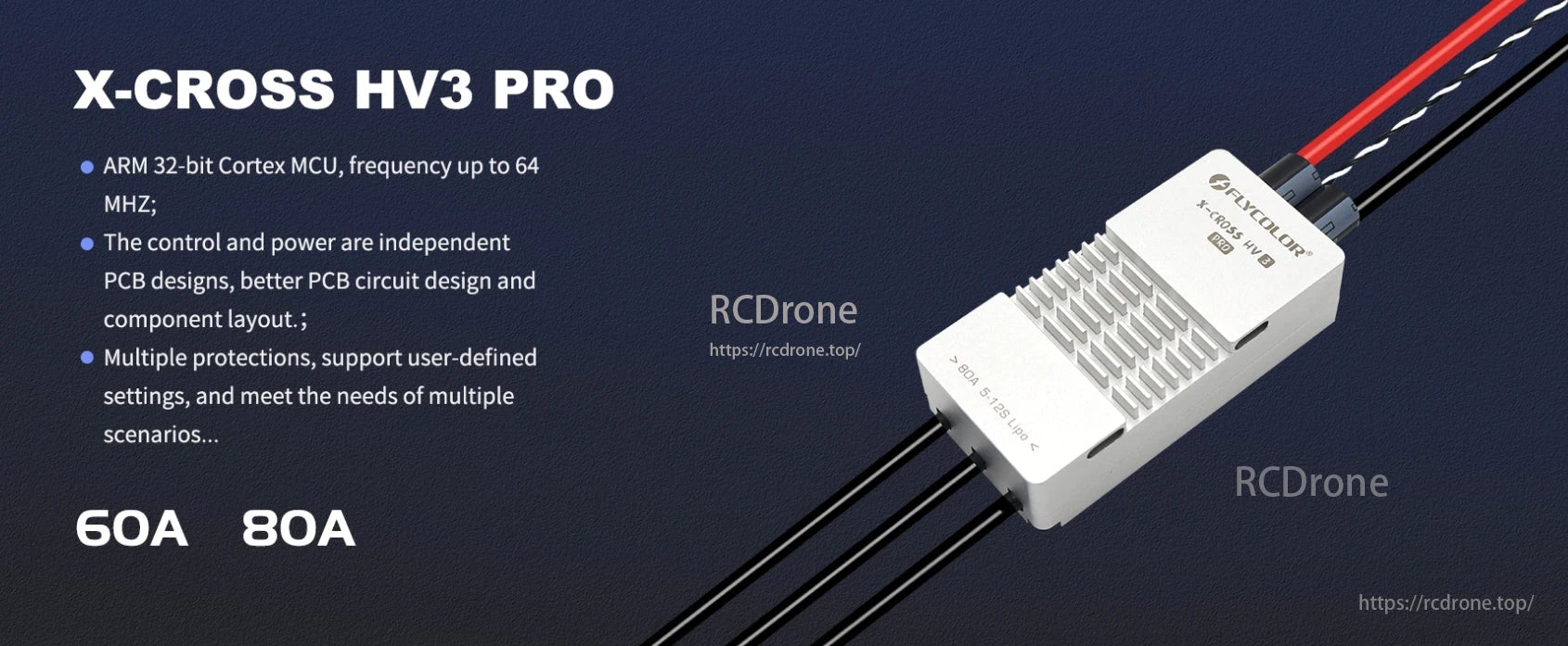 FlyColor X-Cross HV 3 Pro 80A 200A 5-12S ESC, The FlyColor X-Cross HV3 Pro ESC features a 32-bit ARM MCU, up to 64 MHz, separate PCBs, protections, customizable settings, and supports 60A/80A.