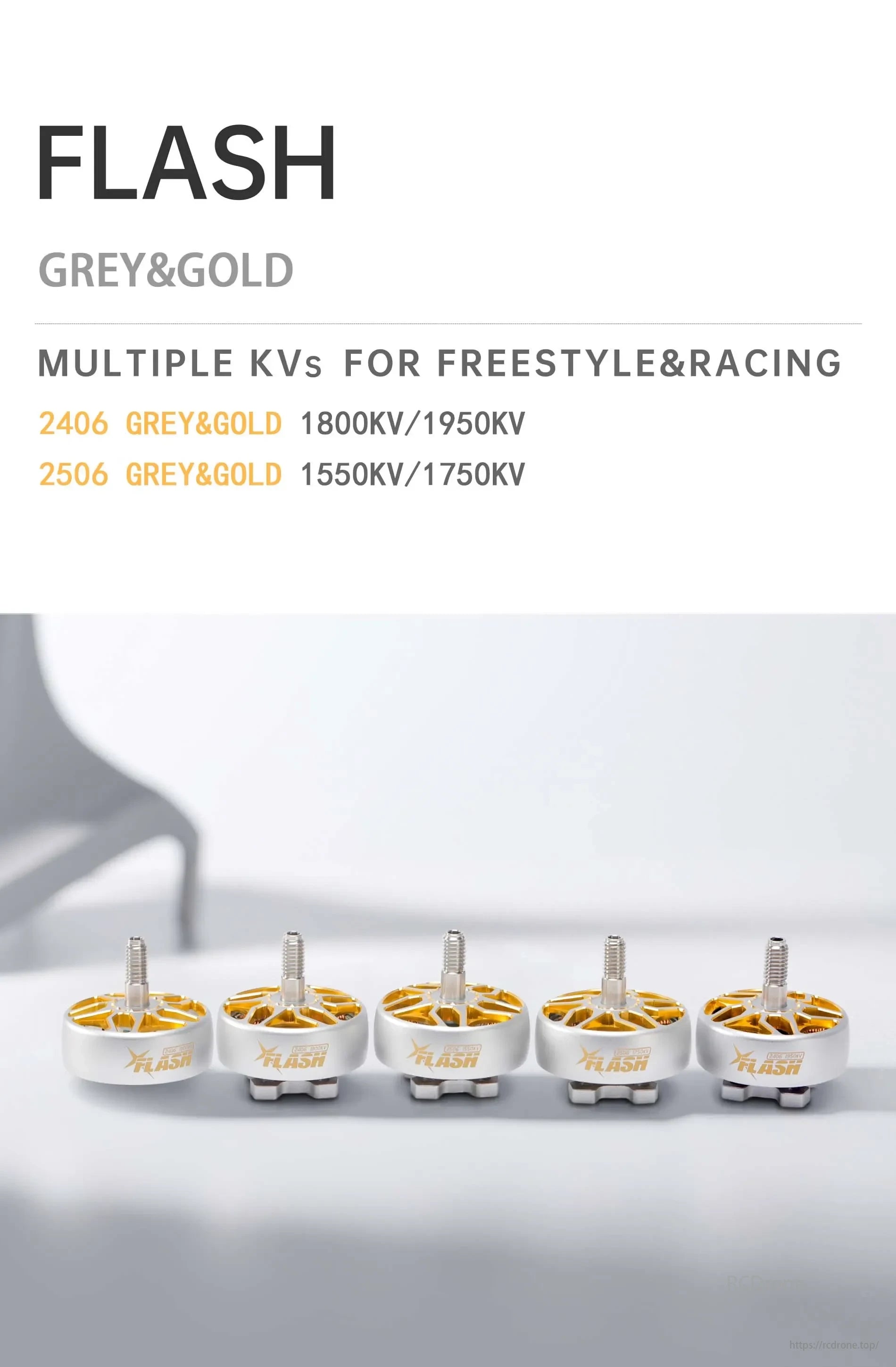 FlyFishRC Flash 6-inch motors with grey & gold design, offering multiple KV options for freestyle and racing.