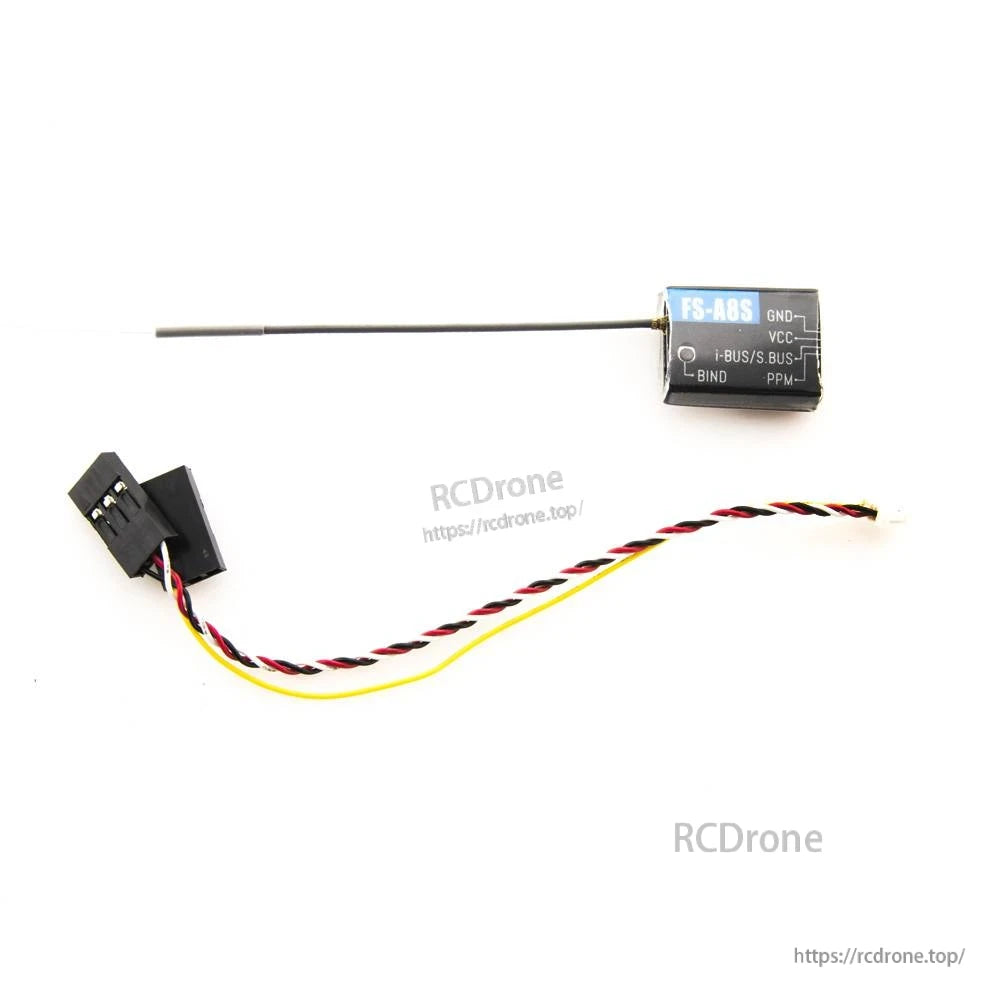 FS-A8S mini receiver with long antenna and twisted 3-wire cable with connector, isolated on white