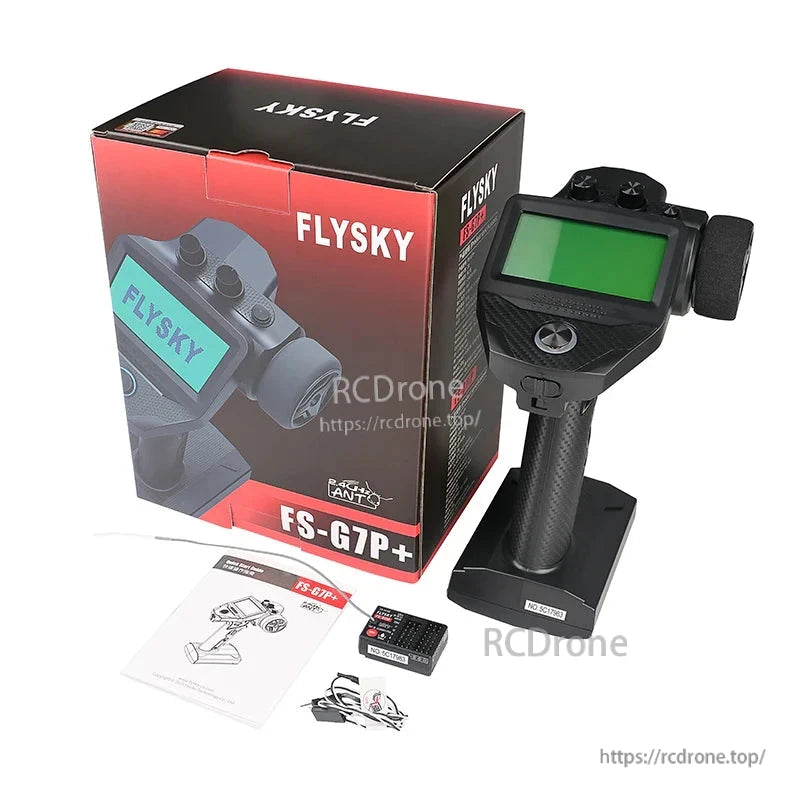 FlySky FS-G7P+ transmitter with retail box, FS-R11P receiver, manuals and included accessories