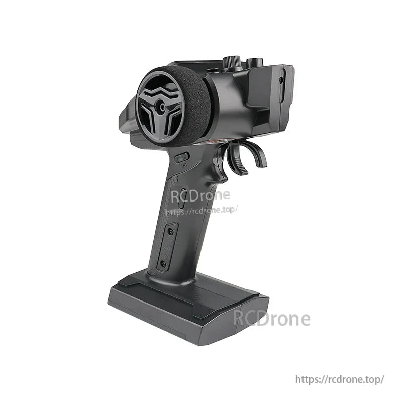 Rear-left angle view of FlySky FS-G7P+ transmitter showing grip texture, trigger and control knobs
