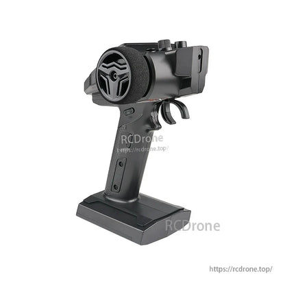 Rear-left angle view of FlySky FS-G7P+ transmitter showing grip texture, trigger and control knobs