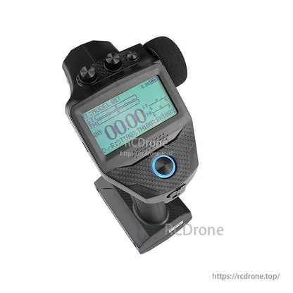 Top-front view of FlySky FS-G7P+ display and button layout with screen powered on