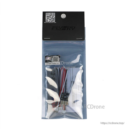 FlySky retail bag front view with GMr-C3 receiver and included wire leads inside